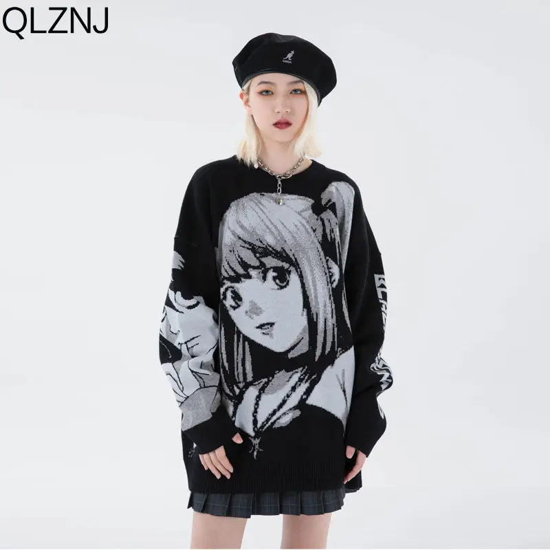 Anime Girl Sweater Men Y2k Clothes Streetwear Pullover Harajuku Vintage Jumpers Hip Hop Casual Loose Black Knitted Sweaters Top