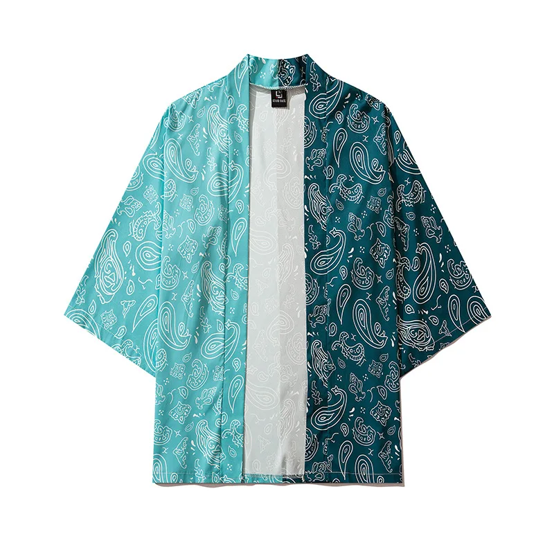Patchwork Print Men Kimono Robe Thin Cardigan Buttonless Shirts M-XXL Casual Rayon Home Bathrobe