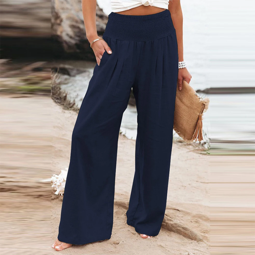 Cotton Linen Blend Wide Leg Trousers Women Long Pants Elasticated Waist Bottoms Office Lady Pockets Streetwear Oversize Pants