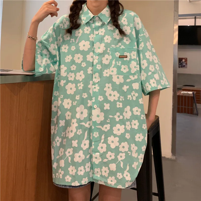 

Loose Lapel Short Sleeve Shirts For Women Fashion Chic Floral Printing Loose All-Match T-Shirts Female Summer 2022 New Ins