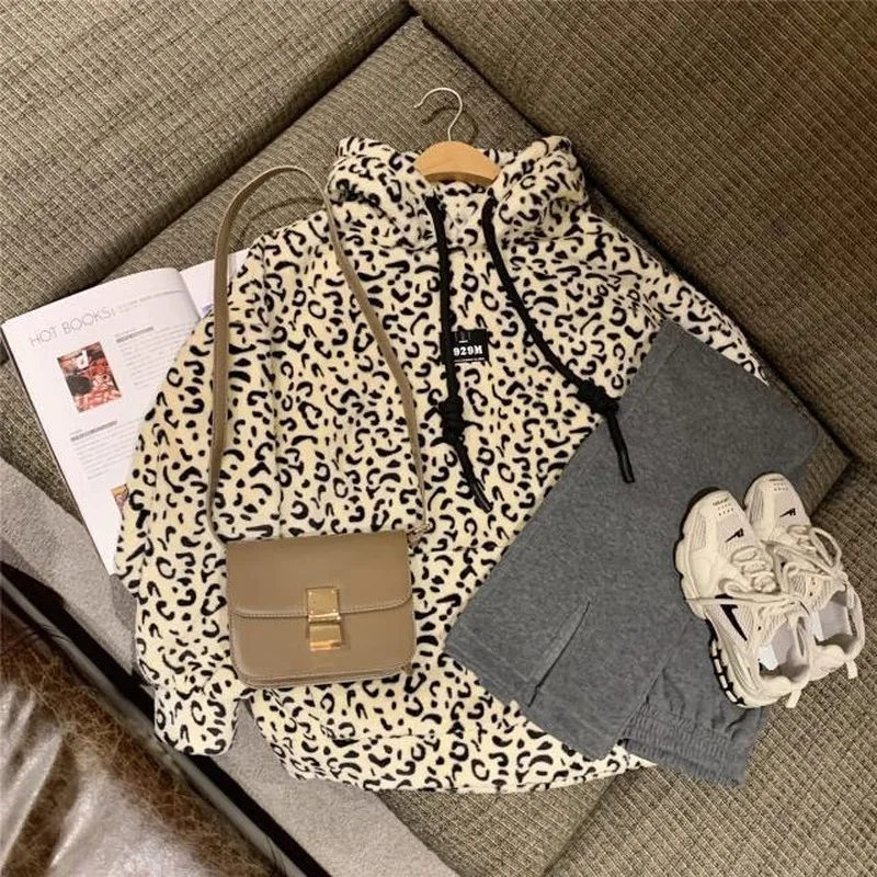 

Women Sets Flannel Leopard Hooded Pullover Solid Pants Side-slit Loose Slim Hot Sale 2XL Streetwear Korean Fashion Thicken Warm