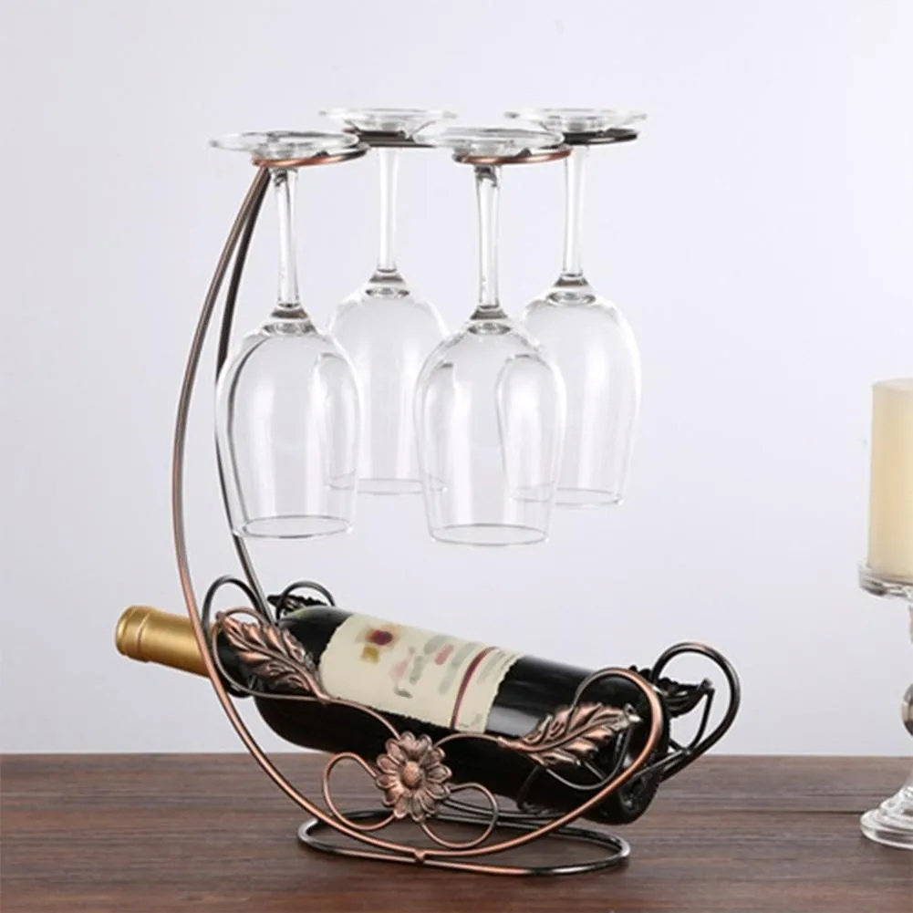

Creative Metal Wine Rack Hanging Stemware Holder Hold 1 Bottle 4 Glasses Countertop Wine Glass Display Wine Rack Barware Decor