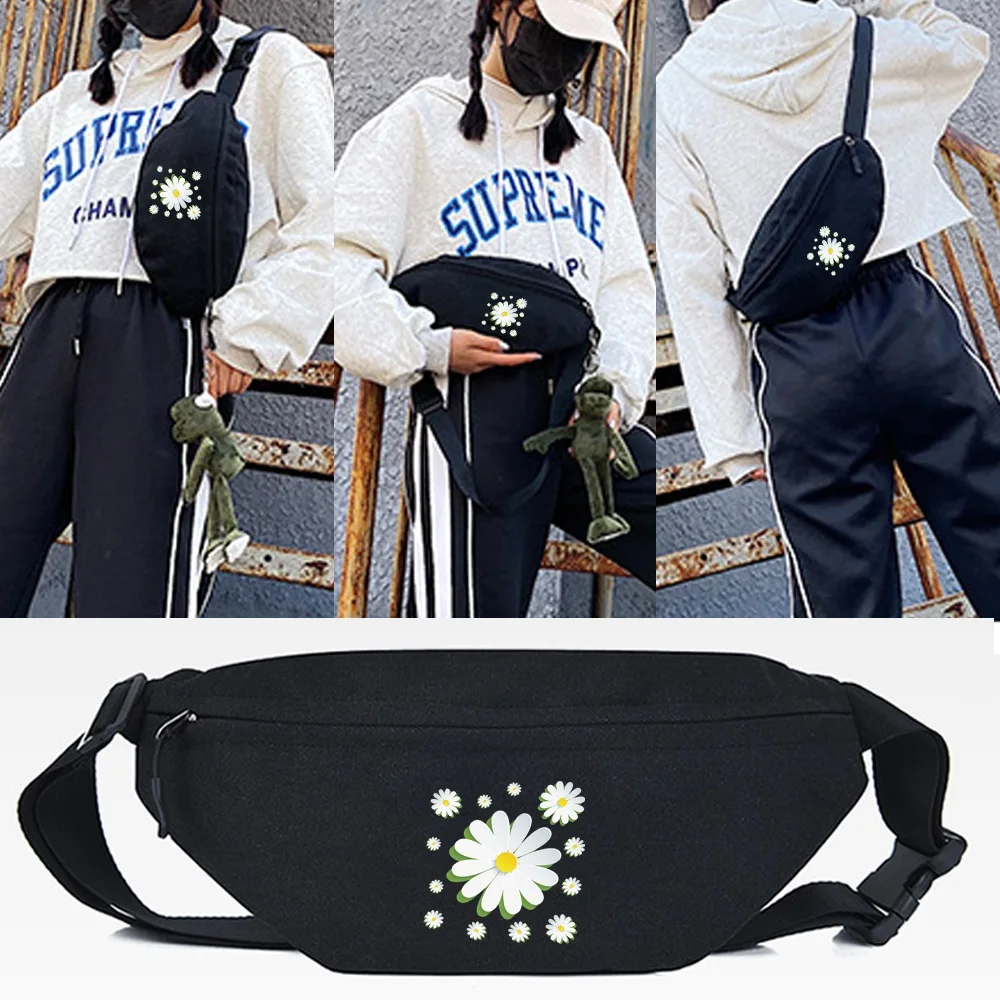 

Waist Bag Fashion Unisex Tote Bag Outdoor Sports Chest Bags White Chrysanthemum Print Korean-style Cross Shoulder Casual Handbag