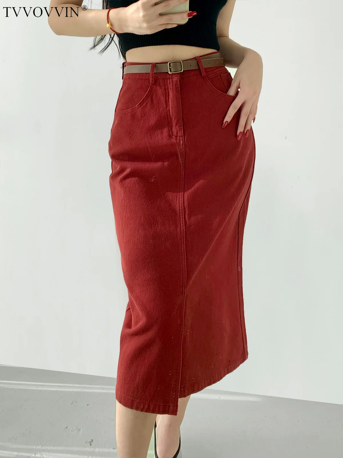 

TVVOVVIN American Simple Basic Versatile High Waist Front Split One Button Denim Skirt Mid Length Skirt fashion VO3G