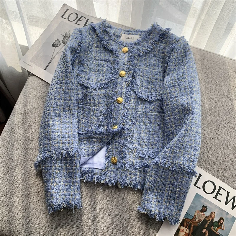 

Chic Tweed Coat for Women Winter Tassel Design Single Breasted Weave Plaid Blazer Button Jacket Blue Elegant Cardigan Tops G108