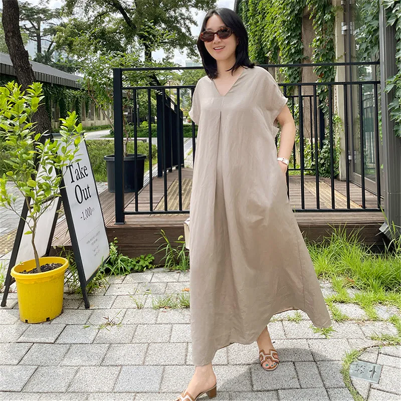 Женское льняное платье до щиколотки повседневное свободное большого размера с