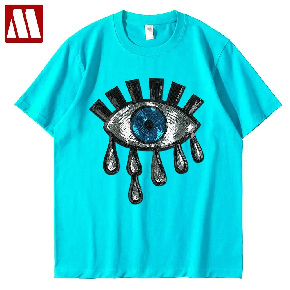 

Женская хлопковая Футболка с блестками, Повседневная футболка большого размера с большими глазами и слезами, большие размеры 5XL, лето 2022