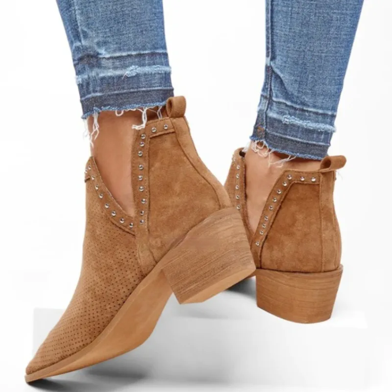 

2022 Ankle Boots For Women Western Cowgirl Boots Chunky Heel Rivet Short Booties Pointed Boots Slip On Chelsea Boots Shoes