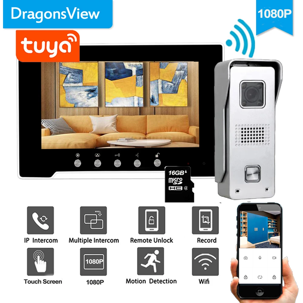 Видеодомофон Dragonsview 1080P с поддержкой Wi-Fi и сенсорным экраном |