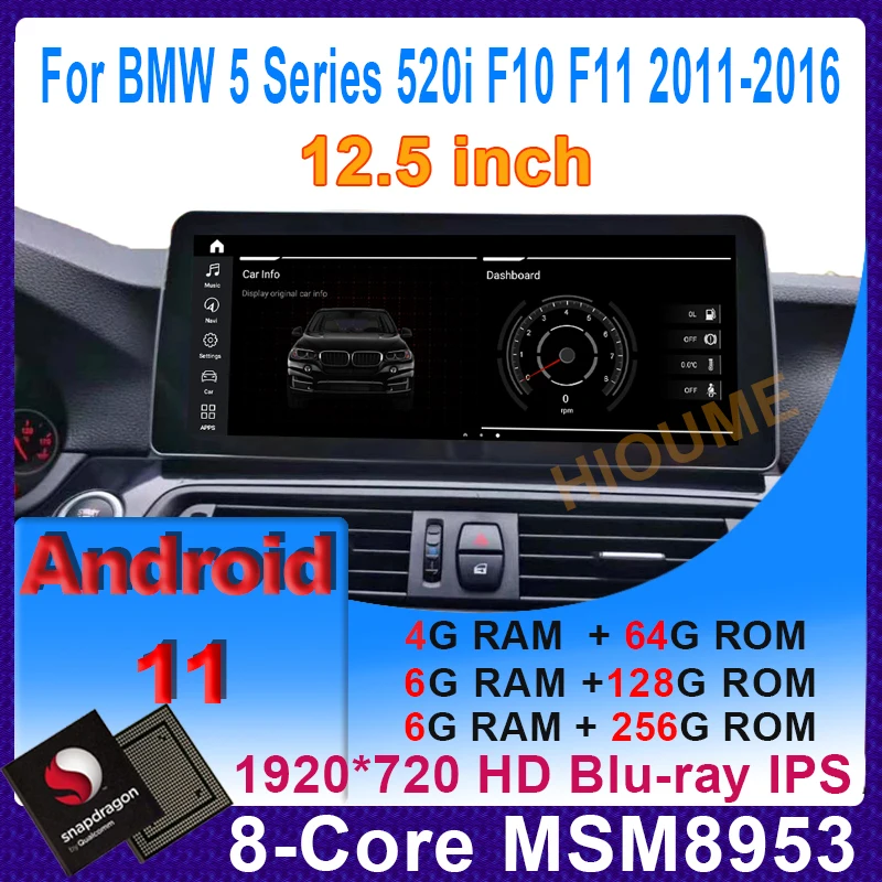

12.5" Snapdragon Android 11 Car Multimedia Player GPS Navigation for BMW 5 Series 520i F10 F11 2011-2016 Radio Stereo Video