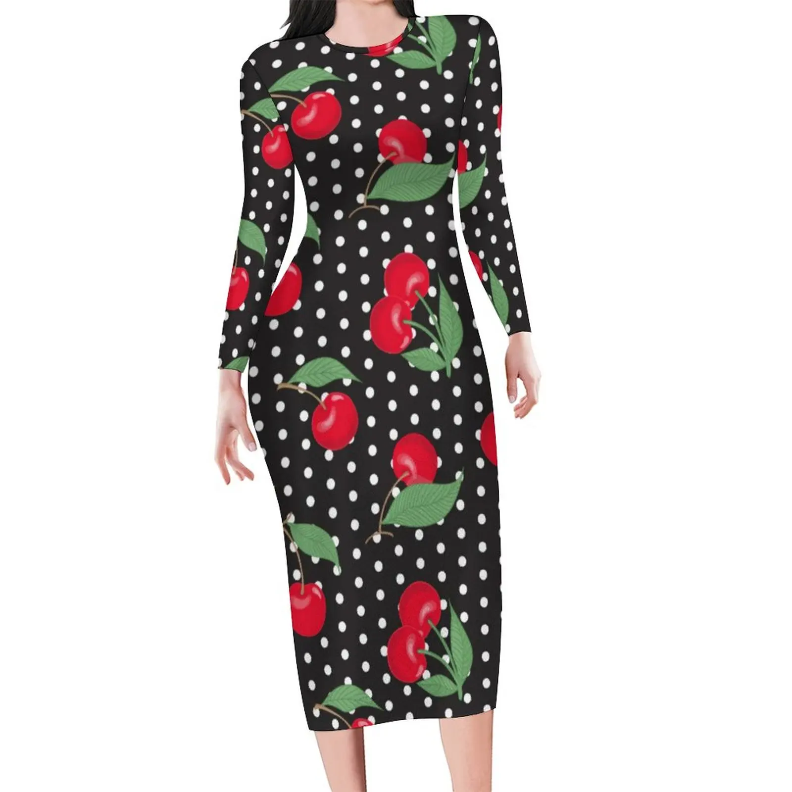 

Red Cherry Fruit Bodycon Dress Women Polka Dots Print Cute Dresses Summer Long Sleeve Aesthetic Graphic Dress 3XL 4XL 5XL