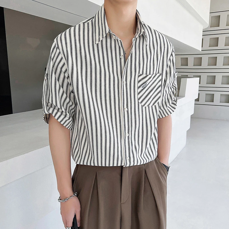 

Elegant Summer Striped Print Short Sleeve Men Shirts Fashion All-match Casual Button Business Oversized 2023 New Cool Clothes