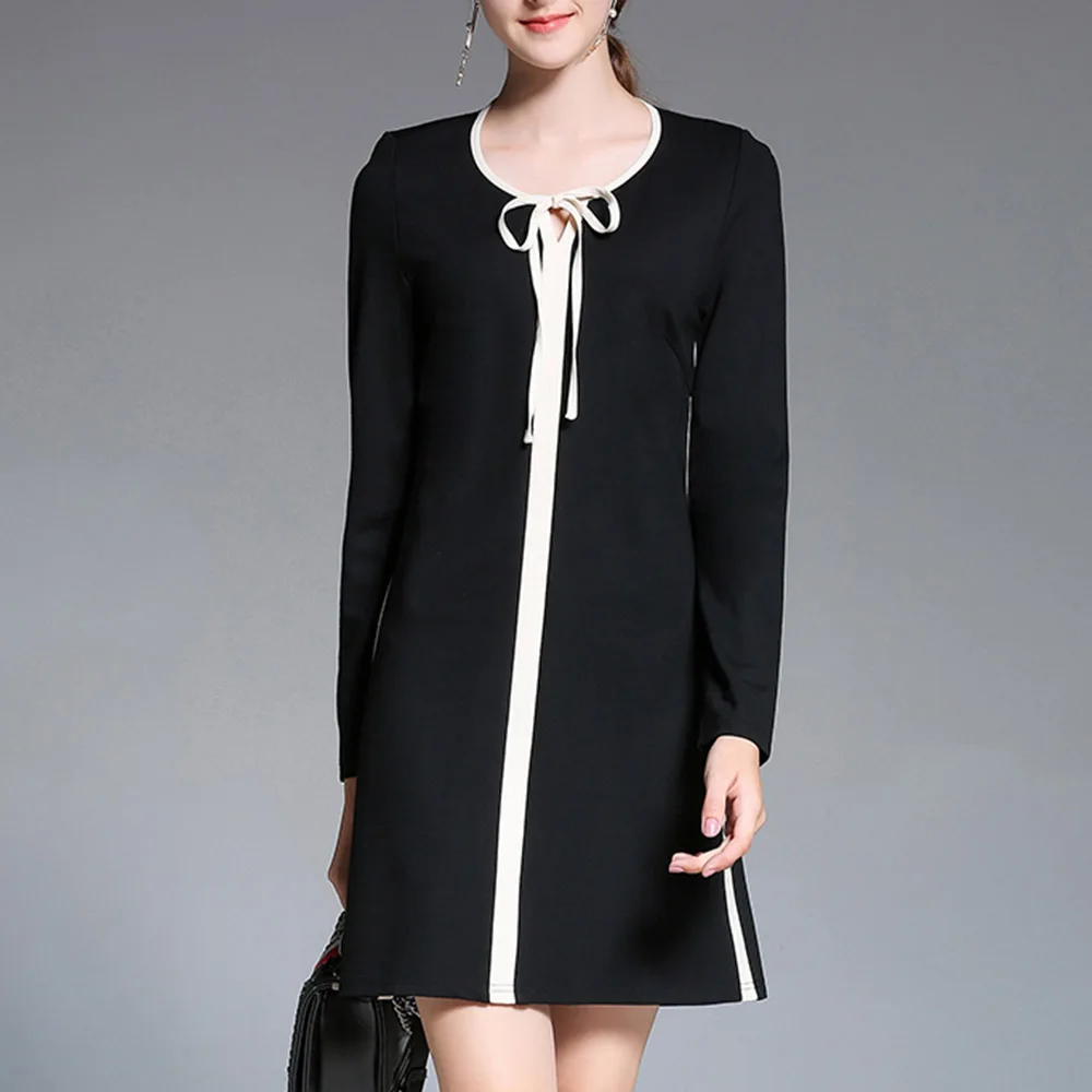 

Office Lady Mini Dress Elegant Patchwork Lace-Up Bowknot Color Block Fashion Spring Autumn OL Women Slim Short Dresses Black