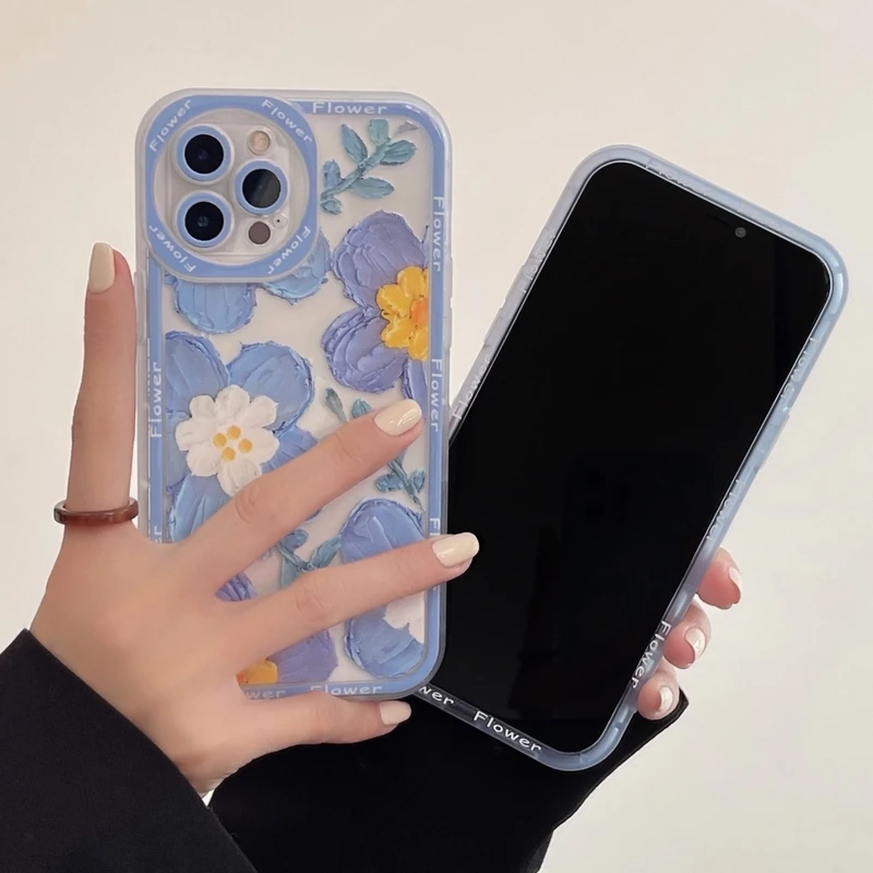 

Retro Art Blue Oil Painting Flower Phone Case For iPhone 11 12 13 Pro Max X Xr Xs Max 7 8 Puls Shockproof Soft Cover Coque