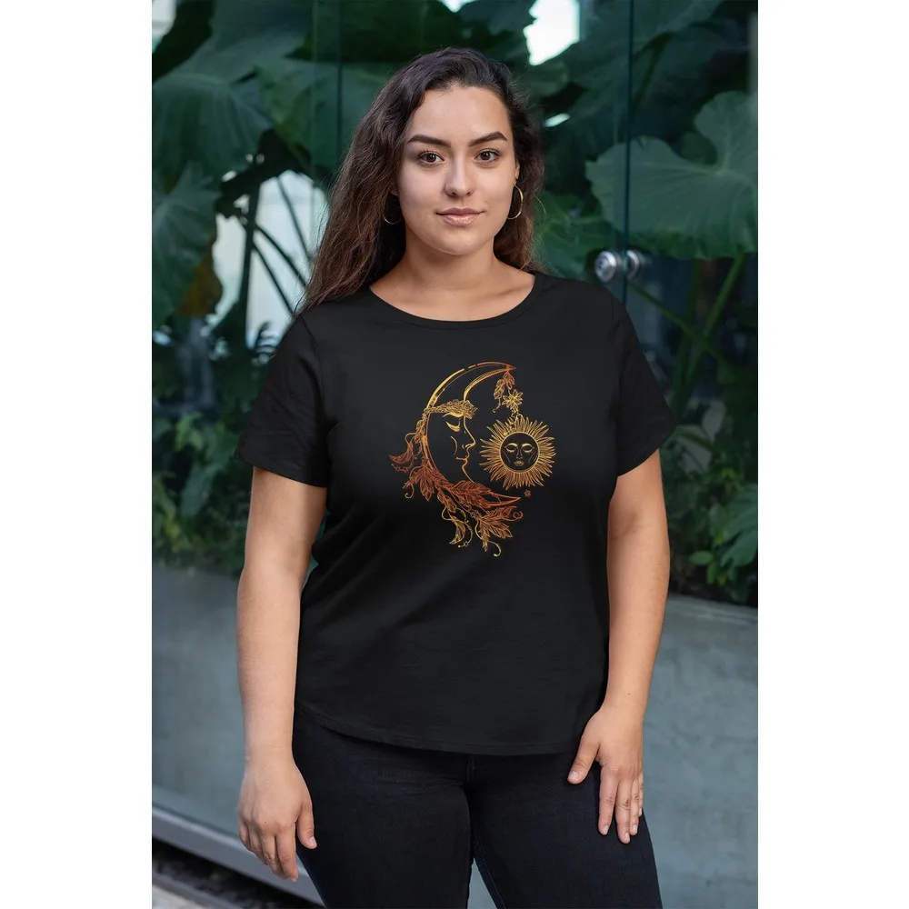

Dorlie Wear Черная Женская хлопковая Футболка большого размера с Луной и солнцем