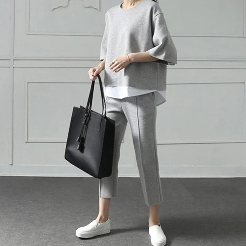 

Autumn Casual O-Neck Fake 2 Pieces Top 3/4-Length Pants Two-Piece Sets Loose Splits Sleeve Cotton Suits