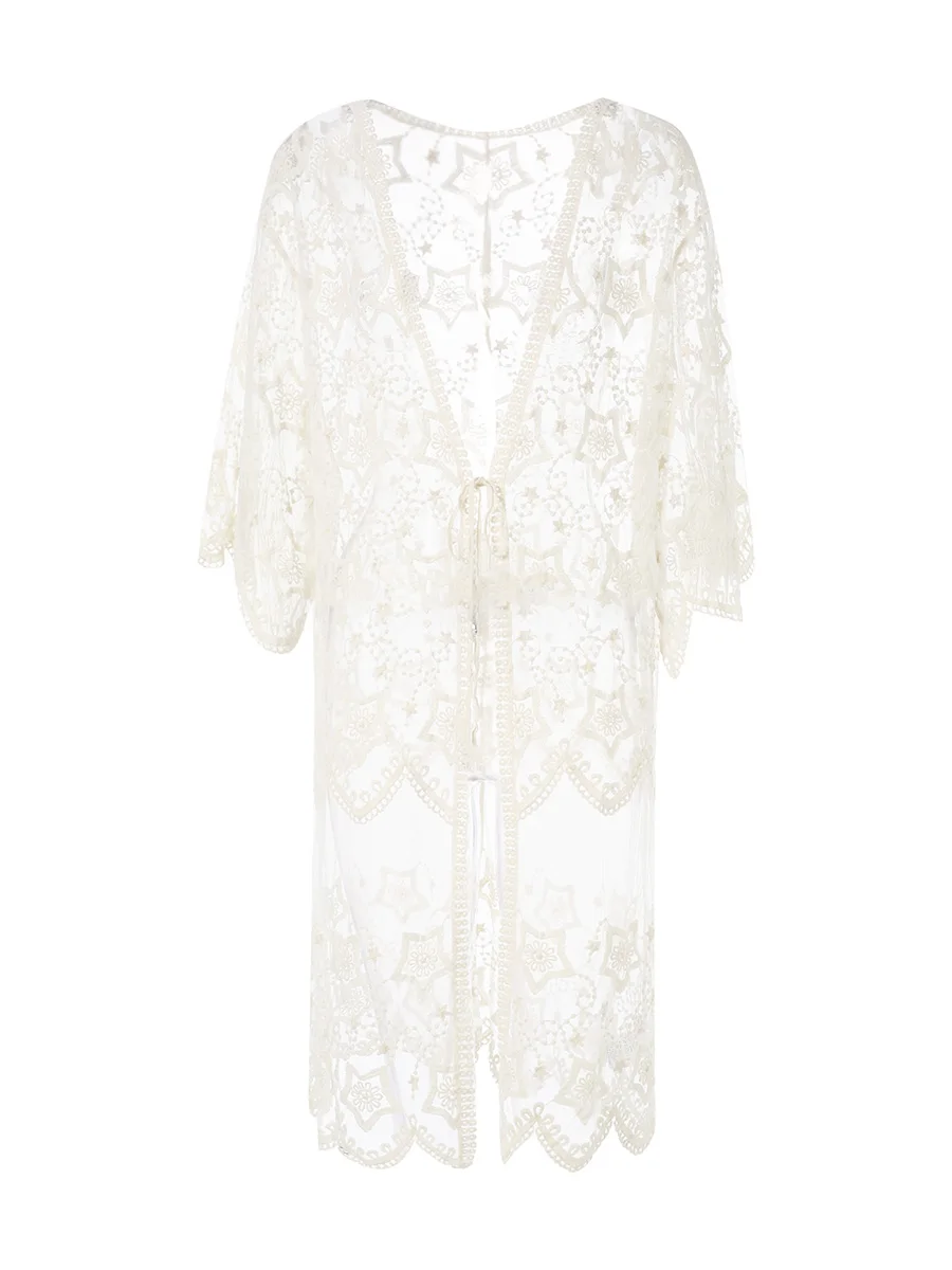 

Women's Beach Cover Ups, Solid Color Star Pattern See-through 3/4 Sleeve Front Tie-Up Bikini Cardigan Smock