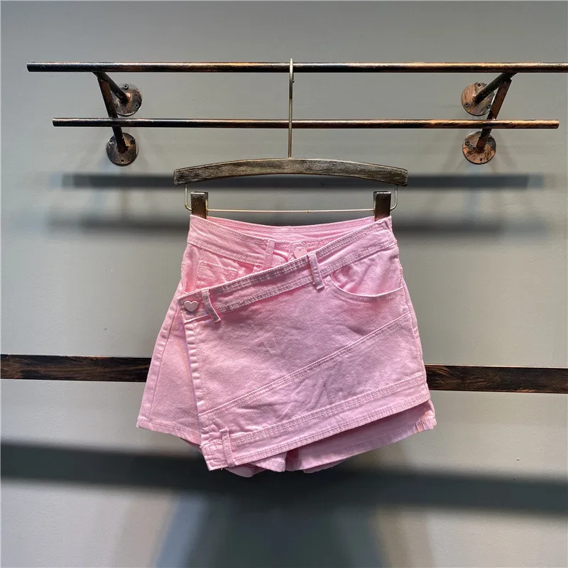 

High Quality 2022 Summer New Fashion Women Elasticity Denim Shorts Asymmetrical Hem Button Solid Color Casual Shorts Skirts