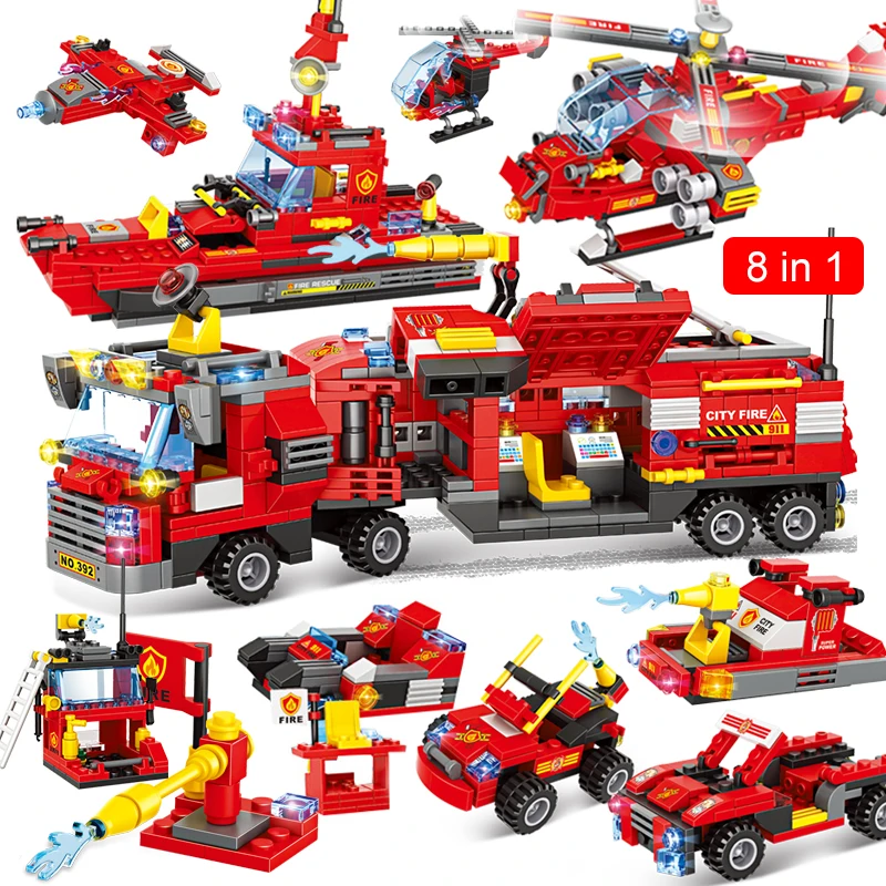 

756Pcs 8 in1 City Fire Command Vehicle Model Building Blocks Firefight Team Rescue Plane Boat Fireman Figures Bricks DIY Toys