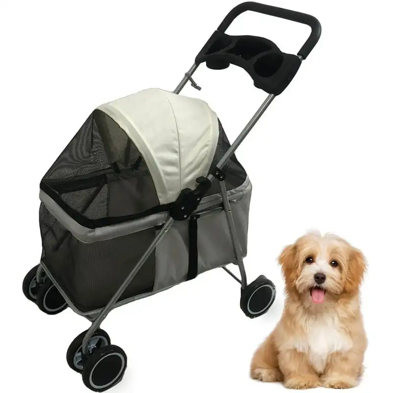 

Gray 4-Wheel Pet Stroller for Small Dogs, Cats, Rabbits with Scratch Resistant Breathable Mesh Windows and Safety Leash | Cup Ho