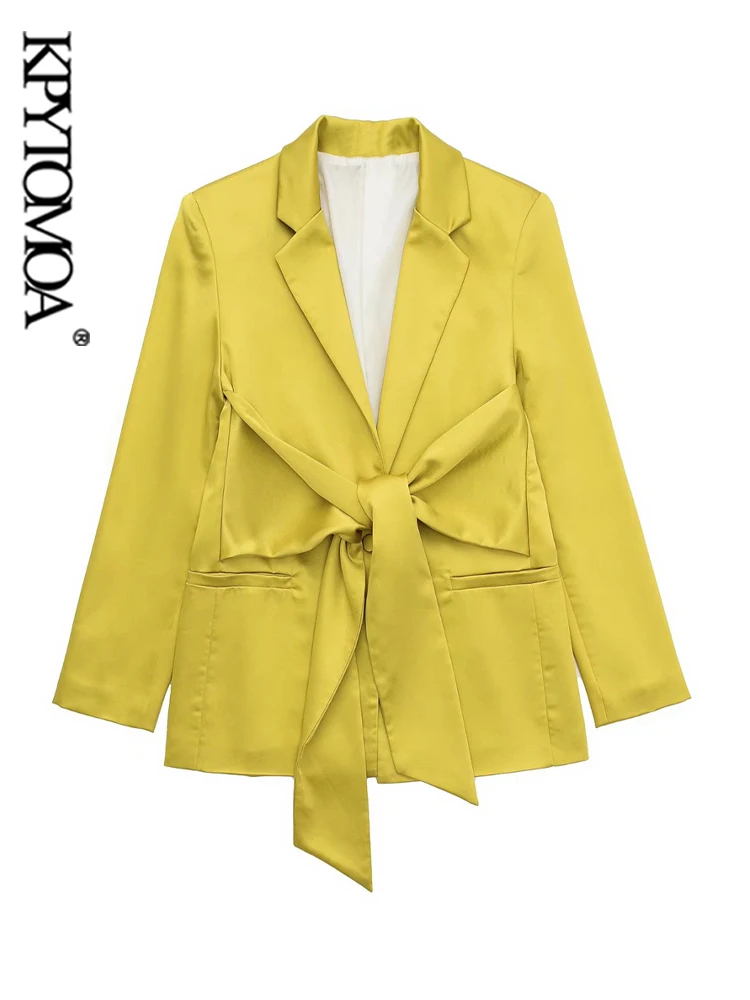 

KPYTOMOA Women Fashion With Belt Front Button Satin Blazer Coat Vintage Long Sleeve Welt Pockets Female Outerwear Chic Tops