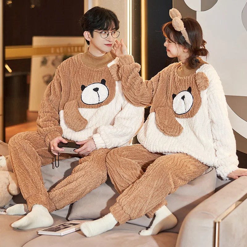 QUHENG Newest Men's Pajama Flannel Pants Set 2022 Winter Autumn Thick Warm Sleepwear for Couples Casual Loose Home Costumes Set