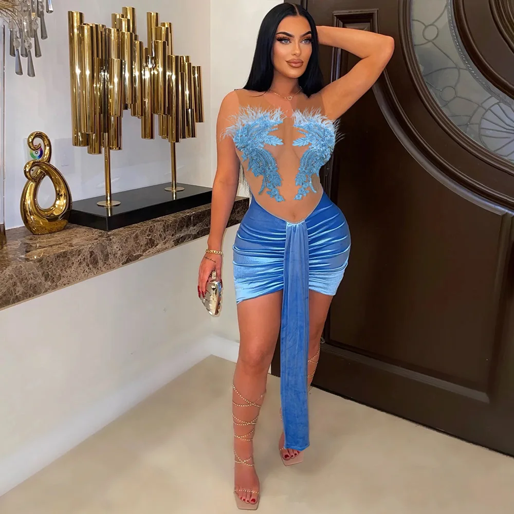 

Sexy Feather Velvet Tube Top Dress Women See Through Mesh Mini Dresses Bodycon New Evening Party Prom Cocktail Clubwear Vestidos