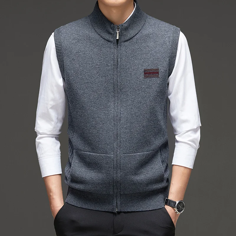 

100% Wool Knitted Cardigan Vest Male Pure Wool Semi-High Neck Zipper Sweater Young And Middle-Aged New Sleeveless Vest Waistcoat