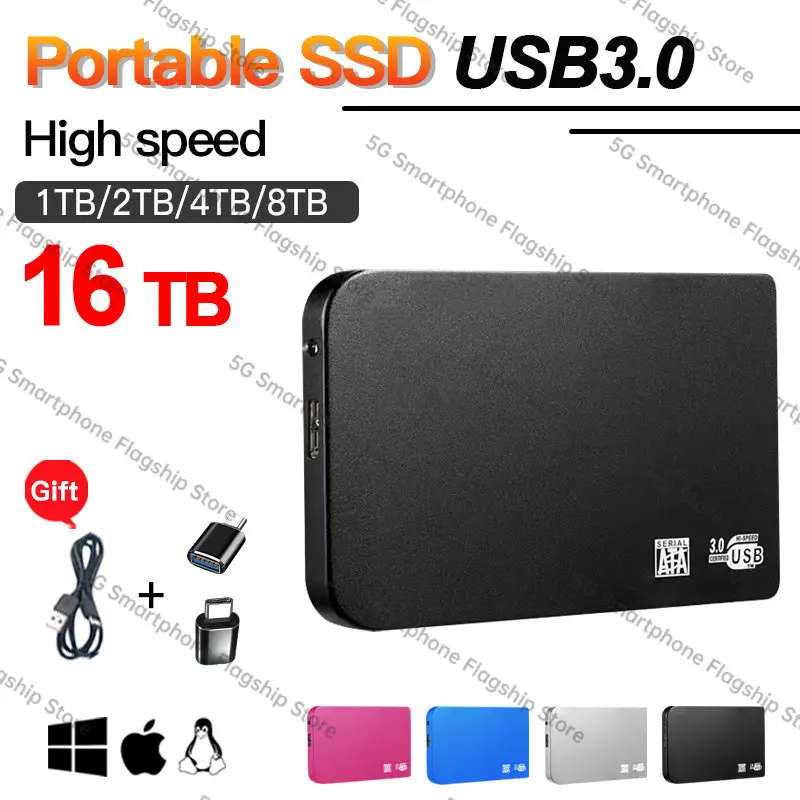 

Оригинальный 16TB Портативный SSD USB 3.0 интерфейс Высокоскоростной мобильный твердотельный накопитель 8TB 64TB внешний жесткий диск для ПК Mac Desktop