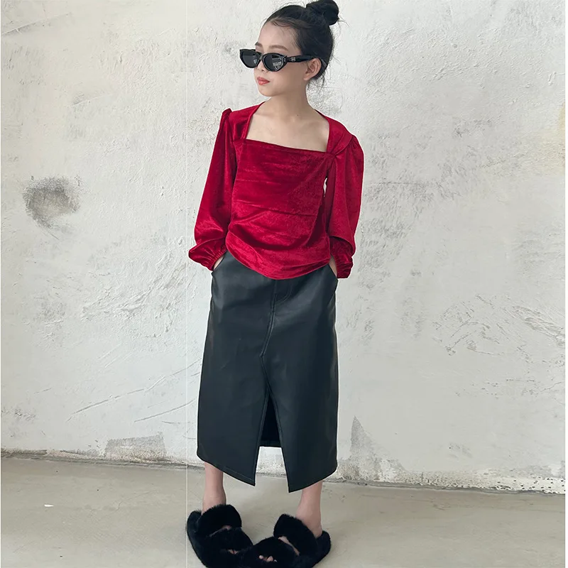 Красная футболка для маленьких девочек винтажная с пышными рукавами весна-осень