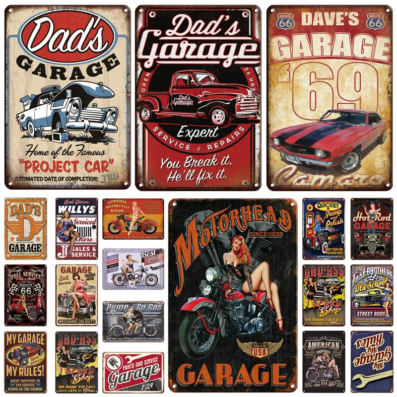 

Retro Vintage Metal Plate Dads Garage Pin Up Sexy Girl Tin Signs My Rules Plaque For Workshop Man Cave Garage Pub Wall Decor