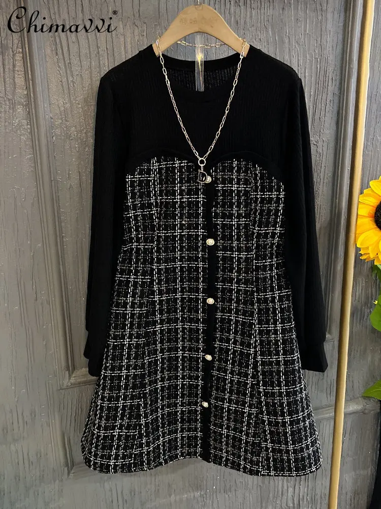 

Large Size Women's Clothing Autumn and Winter New Fashion Round Neck Long Sleeve False Two-Piece Patchwork Slim-fit Ladies Dress