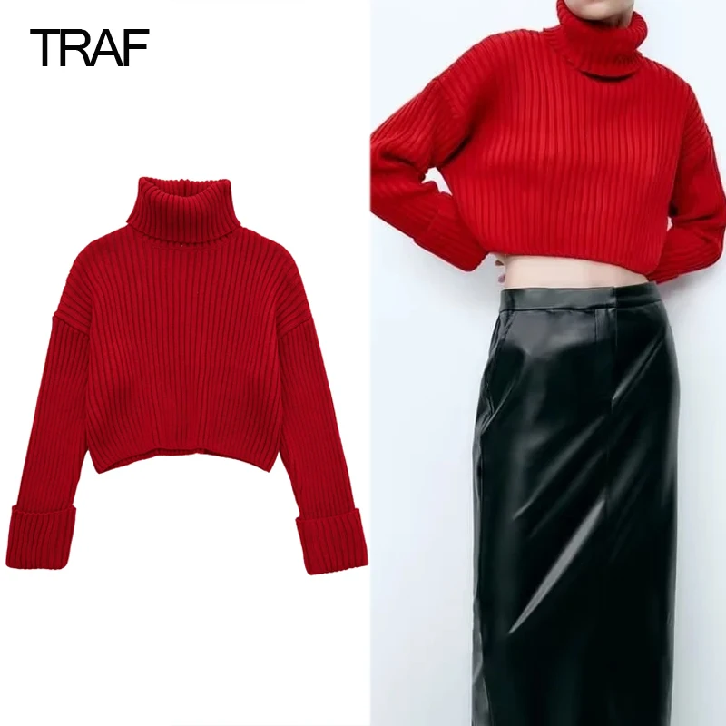 

TRAF Red Turtleneck Sweaters Women Cropped Knitted Sweater Woman Long Sleeve Crop Knit Sweaters for Women Ribbed Pullover Women