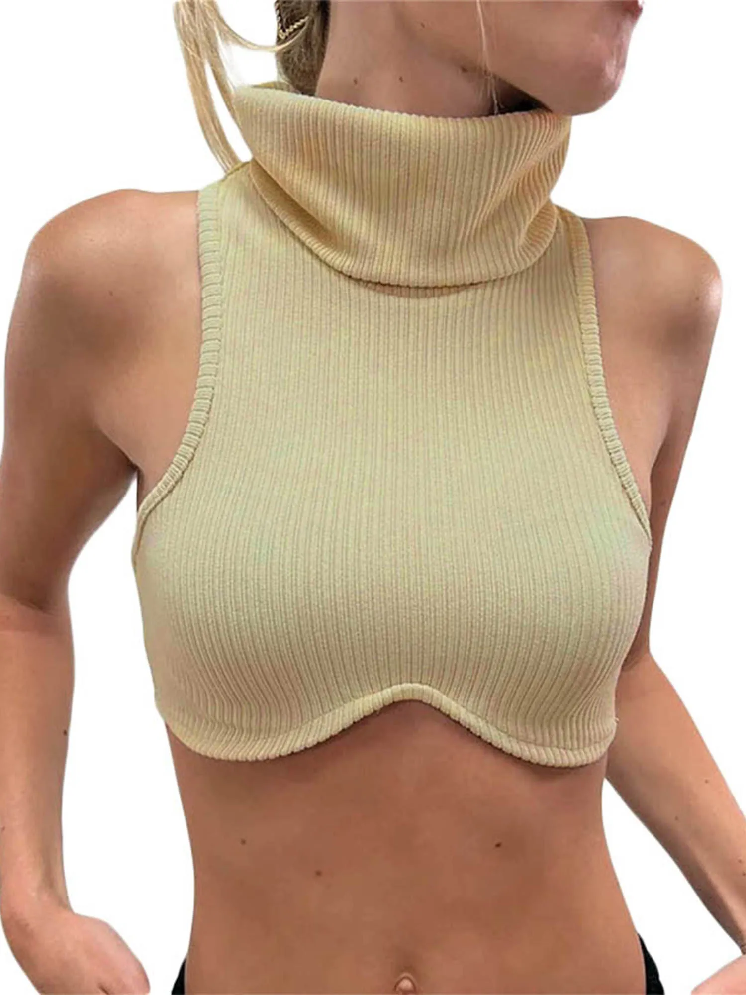 

Women s Cable Knit Turtleneck Sweater Sleeveless Solid Color Ribbed Crop Top Casual Loose Warm Pullover