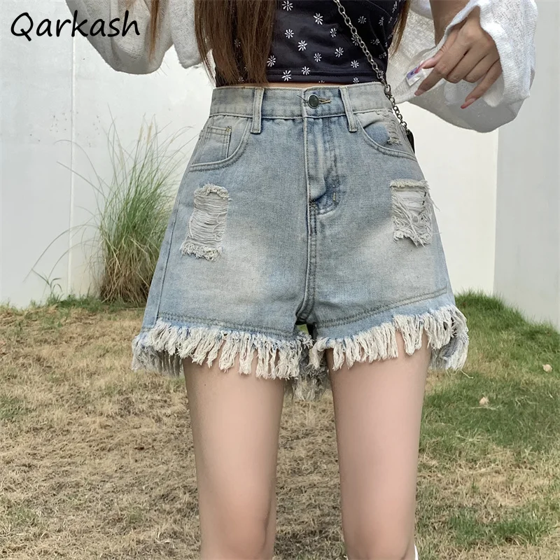 

Denim Shorts Women Summer Thin High Street Chic Loose Retro Hole Fashion Tassel Distressed Ulzzang Casual All-match College Ins