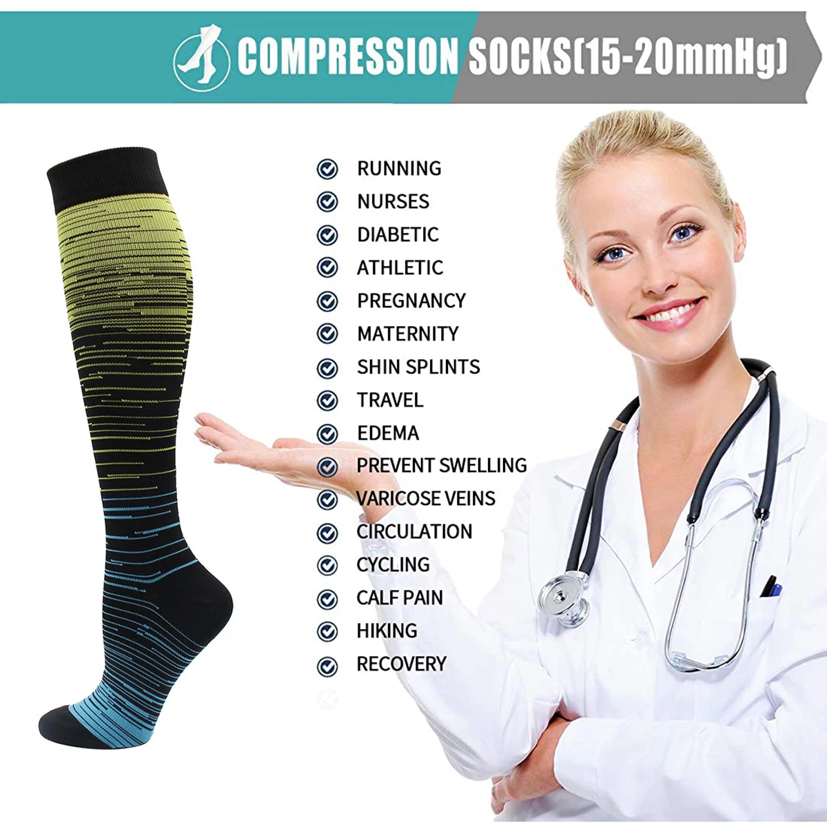 Graduated Medical Compression Socks for Women Men Circulation 15-20mmhg-Best Support for Running Nursing Hiking Long Tube Socks