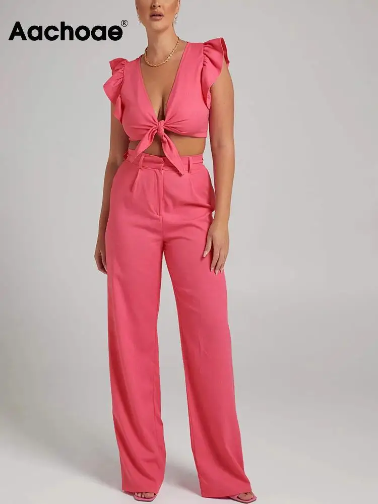 

Aachoae Women Fashion Solid Two Piece Sets Sexy Deep V Necl Ruffled Short Sleeve Cropped Tops With High Waist Wide Leg Pants