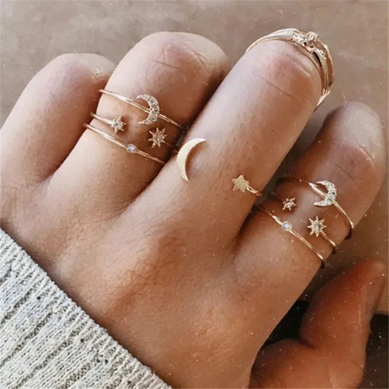 

Star Moon Ring Set 7 Stars Design Sense Creative Simple Versatile Fashion Gold Color Retro Ladies Open Knuckle Ring Women
