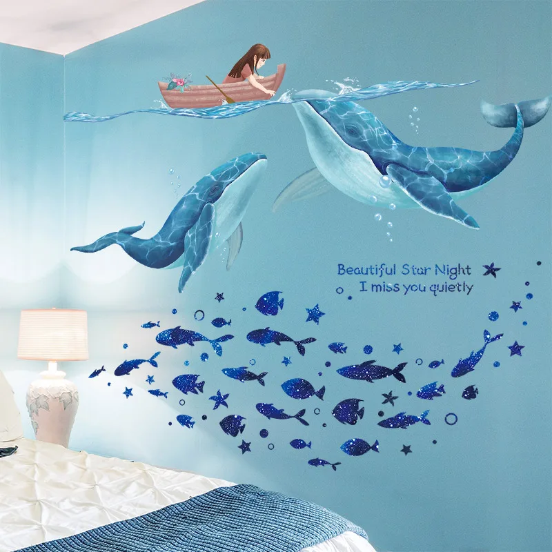 

[shijuekongjian] Fish Wall Stickers DIY Cartoon Girl Whales Mural Decals for Kids Rooms Baby Bedroom Nursery Home Decoration