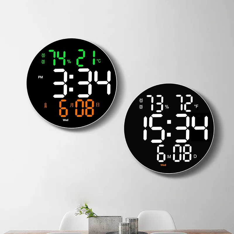 

10 Inch Simple Round LED Wall Clock Living Room Multi-function Electric Clock Mute Temperature and Humidity