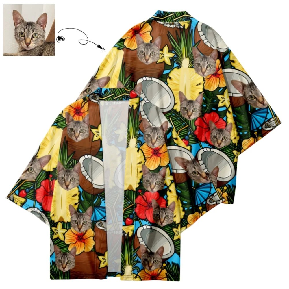 

Custom Kimono Tropical Fruit Hawaiian Cape with Face Personalized Parner's Photo Costume Beach Kimono Shirt