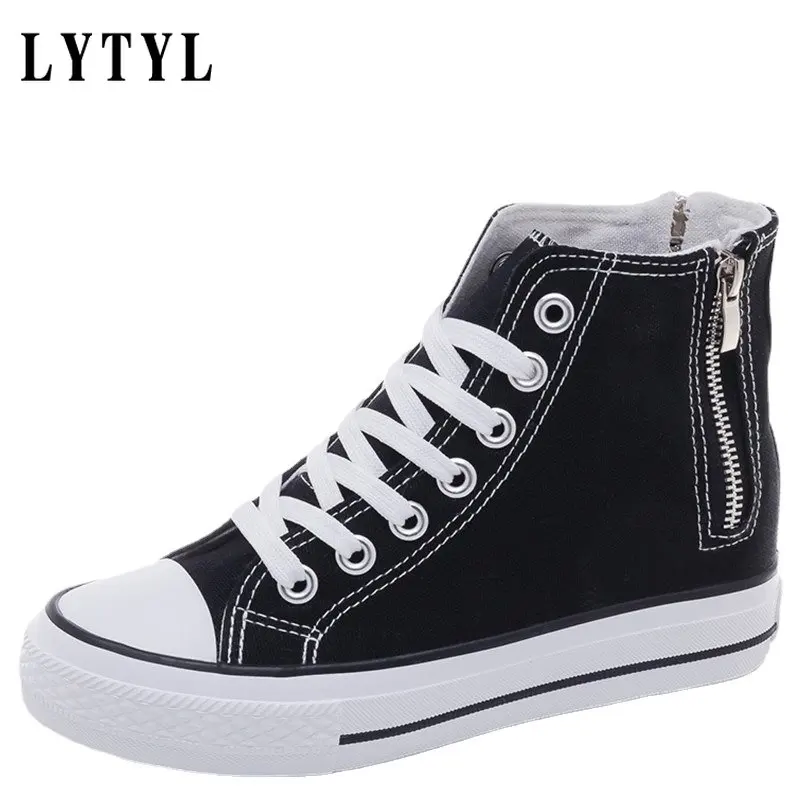 

Spring Autumn New 6CM Women Hidden Heel Platform Wedge Canvas Shoes Outdoor White Black Fashion Girls Wedge Sneakers A1-09