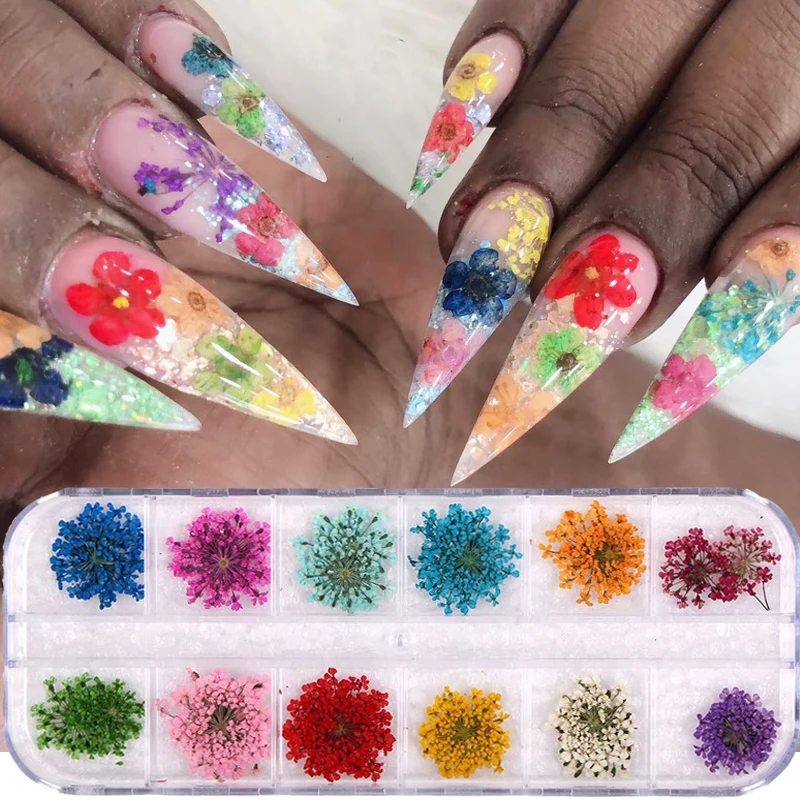 

12 Grids Colorful Dry Flowers Nail Stickers Natural Petal Dried Flower Designs DIY Tips 3D Nail Art Decorations Manicure Jewelry