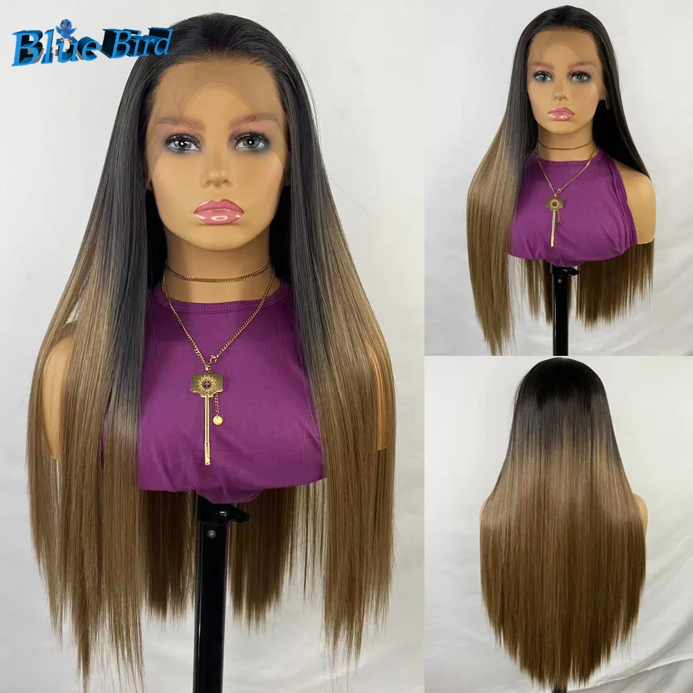 BlueBird Long Silky Straight Brown Ombre Wig Futura Hair 13x4 Synthetic Lace Front Wig For Women Heat Resistat Wig Pre Plucked