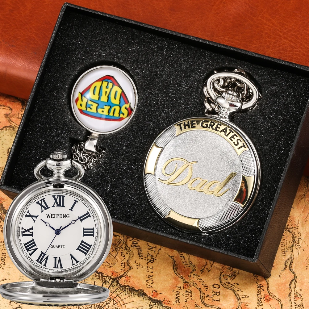 Silver Quartz Pocket Watch Retro DAD Engraving Pocket Watch with Chain Pendant Necklace Father's Day Gift Reloj De Bolsillo