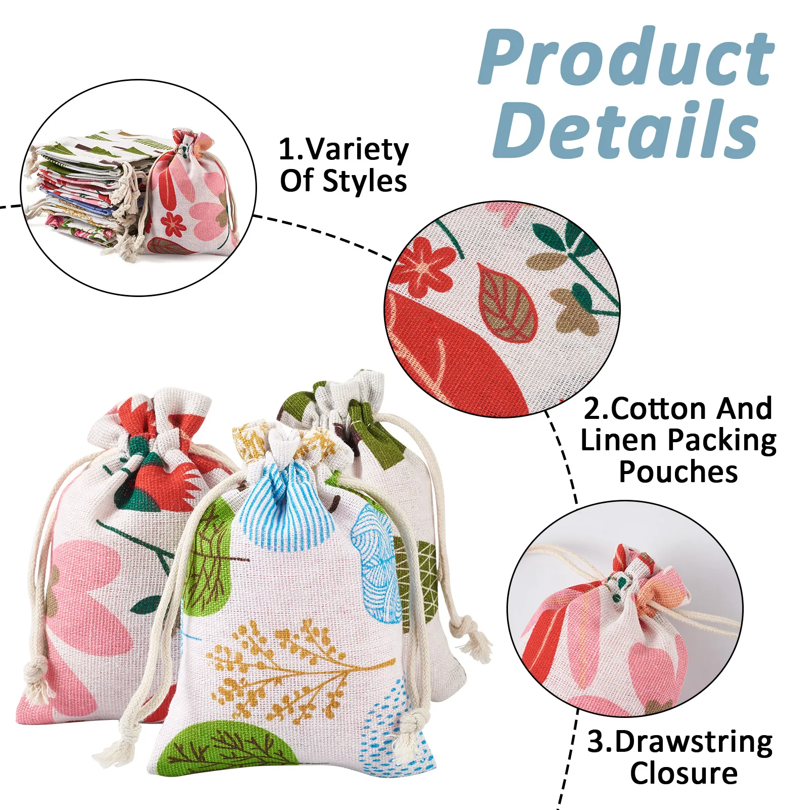 50Pcs Mixed Plant Pattern Cloth Packing Pouches Rectangle Drawstring Bags DIY Jewelry Gift Multifunctional Storage Findings
