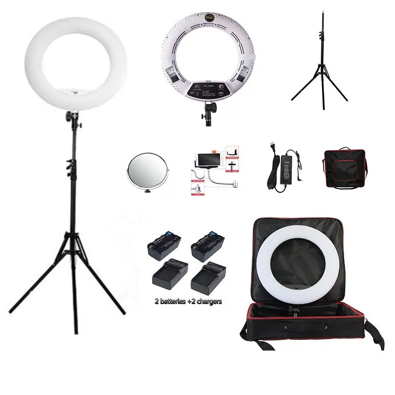 

Yidoblo White FS-480II Pro Warm & Cold Adjustable Make Up LED Ring Light LED Lamp+ 2M Light Standing+Bag + Battery