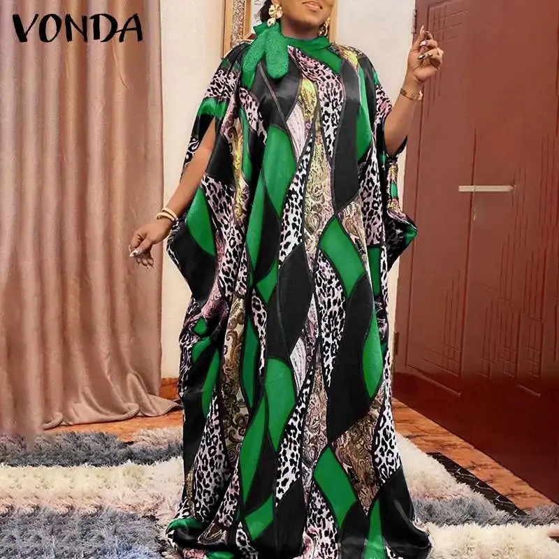 

VONDA Stylish Baggy Bow Round Neck Long Maxi Sundress Women Leopard Printed Robe Pleated Vestido Oversized Vintage Printed Dress