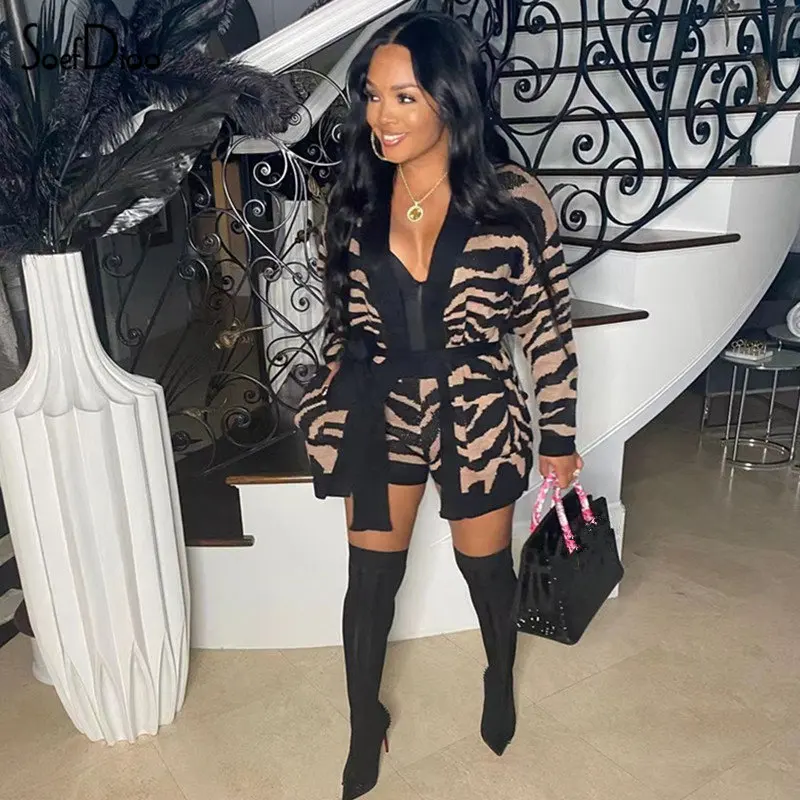 

Soefdioo Leopard Knitted 2 Piece Sets Womens Outfits Casual Long Sleeve Bandage Oversize Cardigan and Shorts Matching Streetwear