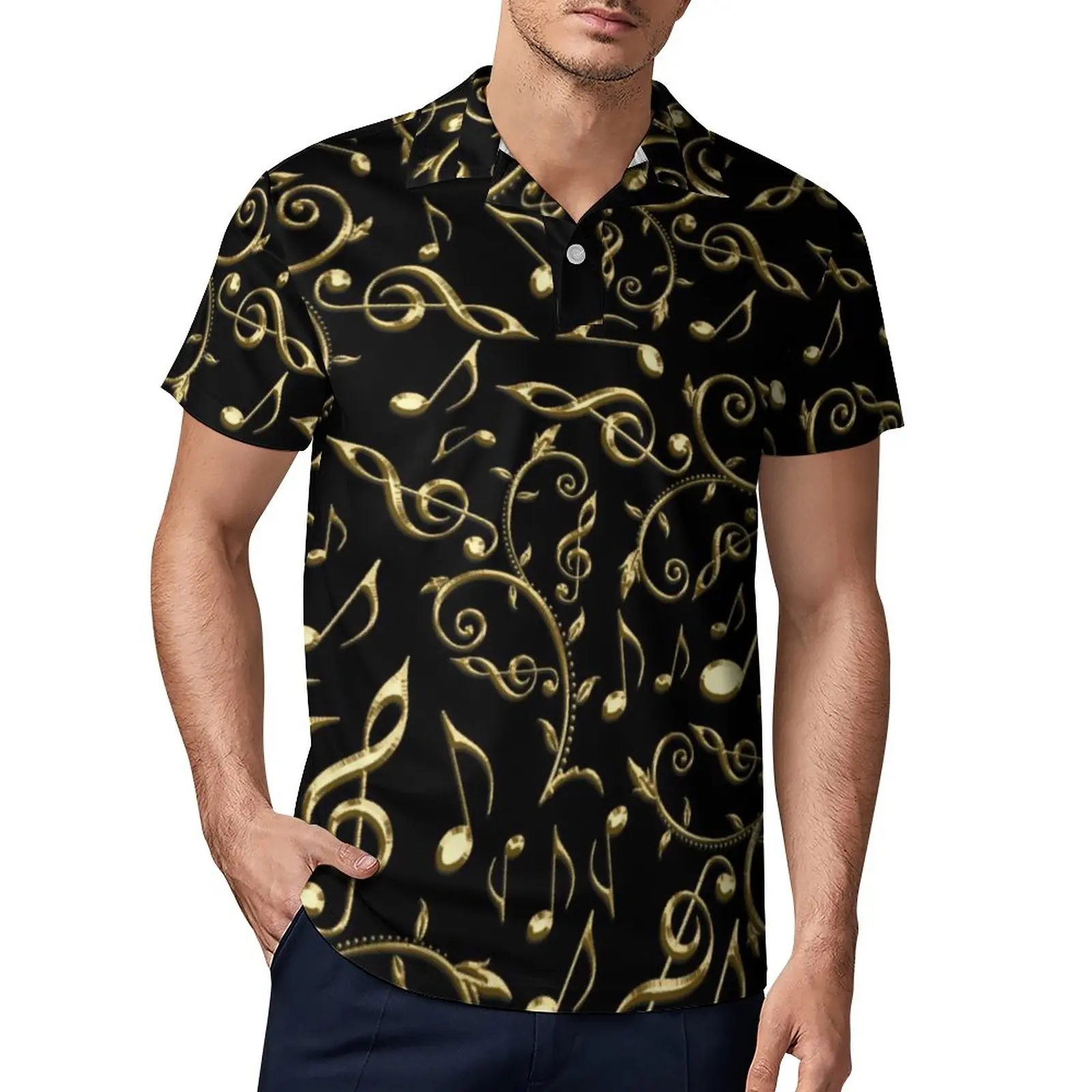 

Gold Music Notes Casual T-Shirts Clefs Polo Shirt Males Fashion Shirt Beach Short Sleeve Top Large Size
